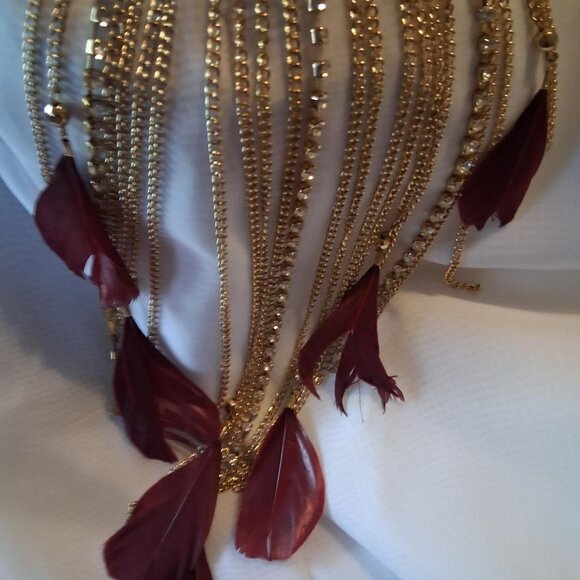 NWOTD Natasha Chains, Rhinestone and Feathers Goldtone Statement Necklace - Picture 4 of 5